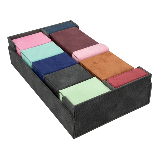 open black resistant denim-like caratex boxbay 1000+ mass storage box filled with various tcg trading card game deck boxes and accessories with removable, magnetic cover clipped to bottom