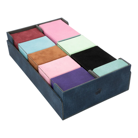 CaraTex BoxBay 1000 nightblue Card Game storage box filled with assorted deck boxes and token boxes for trading card game decks