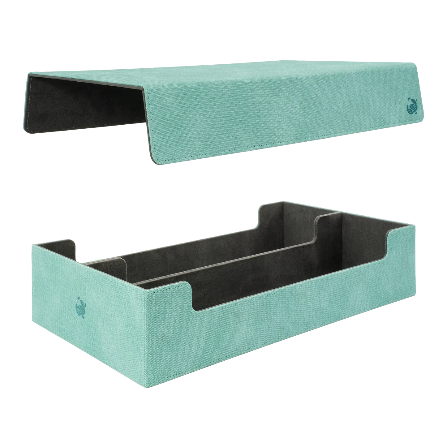 removable, magnetic cover and bottom of empty turquoise resistant denim-like caratex boxbay 1000+ mass storage box for tcg trading card game deck boxes and accessories