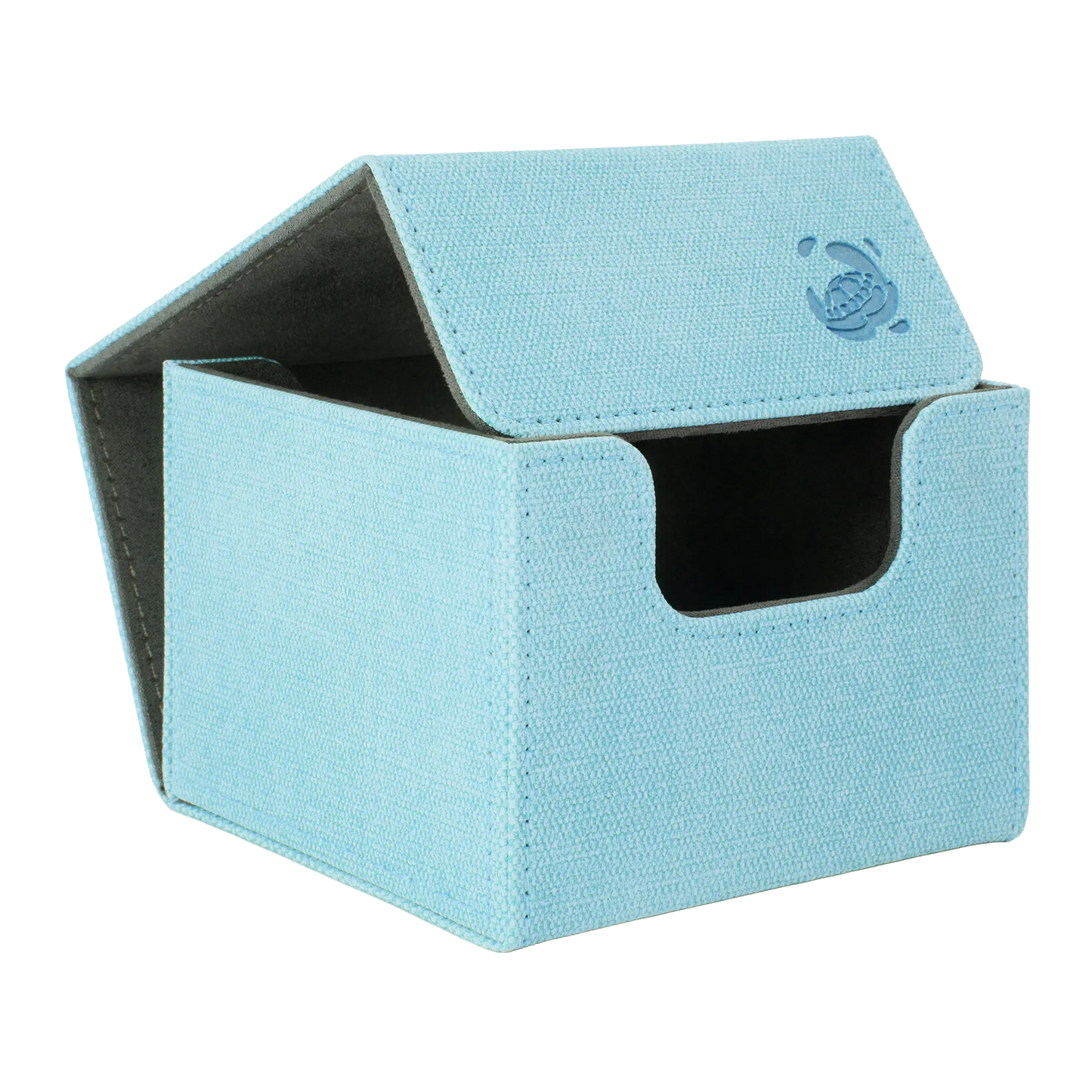 open light blue resistant denim-like caratex cardcove 133+ deck box with magnetic cover and extra-wide interior for outer sleeves that fits up to 133 double-sleeved or 160 single-sleeved standard or japanese size tcg trading cards