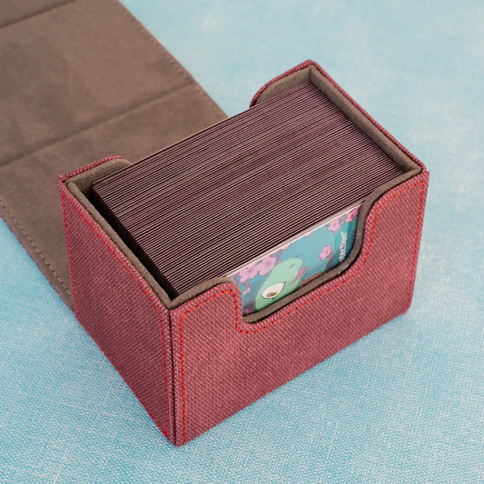 detail view of opened wine red caratex cardcove deck box filled with up to 80 double-sleeved tcg cards
