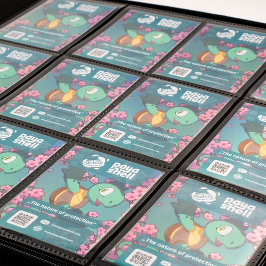 inside view of cards in caratex zip-up album binder for standard and japanese size tcg trading cards with 18 sideloading pockets, 20 double-sided, black pages and 3 extra mesh pockets for toploader card shields or magnetic card holders