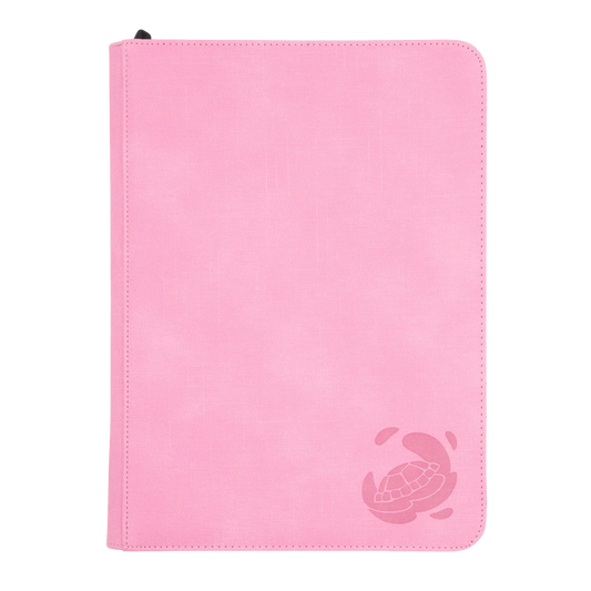 pastel pink resistant denim-like zip-up album binder with 18 sideloading pockets per page, 3x3 layout, 20 double-sided, black pages, 3 extra mesh pockets for toploaders, magnetic card holders and sleeves and secure zipper for 360 standard and japanese size tcg trading cards