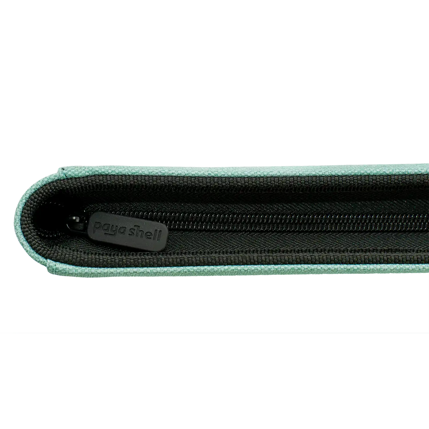 zipper view of turquoise resistant denim-like caratex zip-up album binder with sideloading pockets, 20 double-sided, black pages, 3 extra mesh pockets for toploaders, magnetic card holders and sleeves and secure zipper for standard and japanese size tcg trading cards