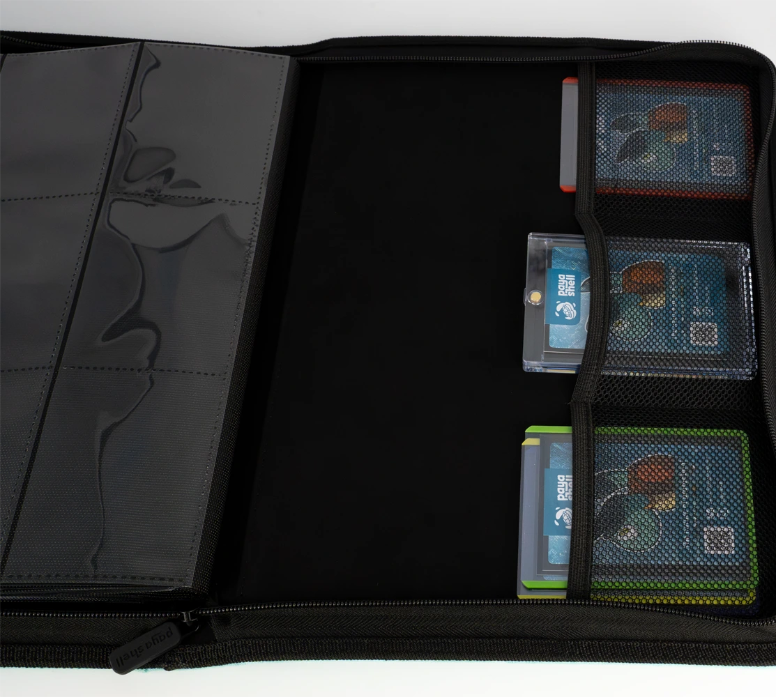 Payashell TCG binders in Caratex or Resiplush (3x3 and 4x3) with side-loading pockets, integrated mesh for toploaders & magnetics, and a secure zipper.