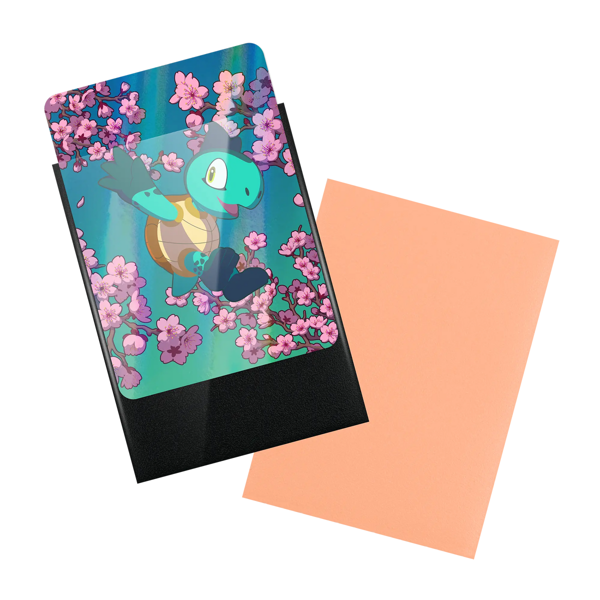 front and back of peach matte textured dual reef sleeves with black inside and clear front for standard size tcg trading cards