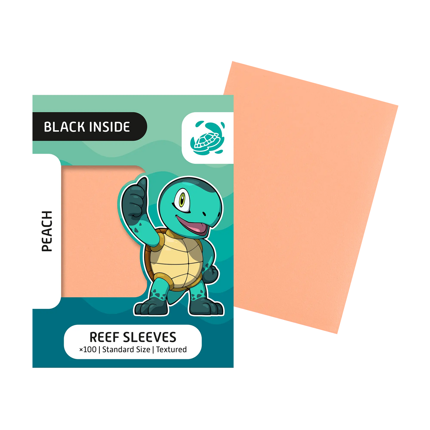packaging and back of peach matte textured dual reef sleeves with black inside and clear front for standard size tcg trading cards