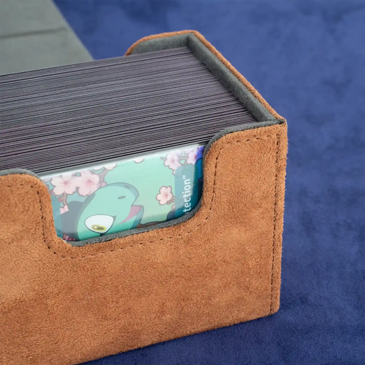 detail view of opened brown resiplush cardcove deck box filled with up to 100 double-sleeved tcg cards