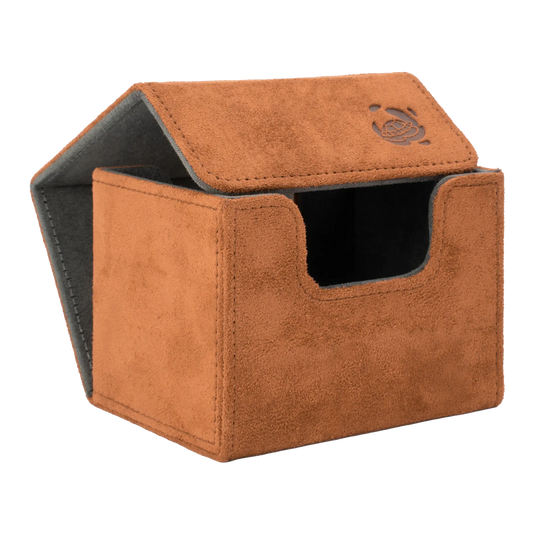 open brown soft resiplush cardcove 100+ deck box with magnetic cover and extra-wide interior for outer sleeves that fits up to 100 double-sleeved or 120 single-sleeved standard or japanese size tcg trading cards