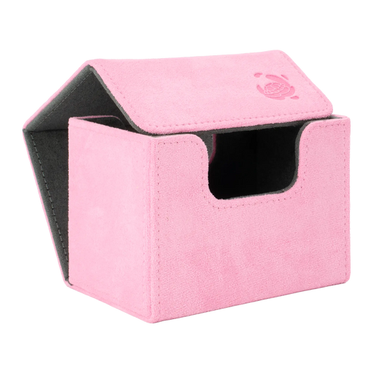 open pastel pink soft resiplush cardcove 80+ deck box with magnetic cover and extra-wide interior for outer sleeves that fits up to 80 double-sleeved or 100 single-sleeved standard or japanese size tcg trading cards