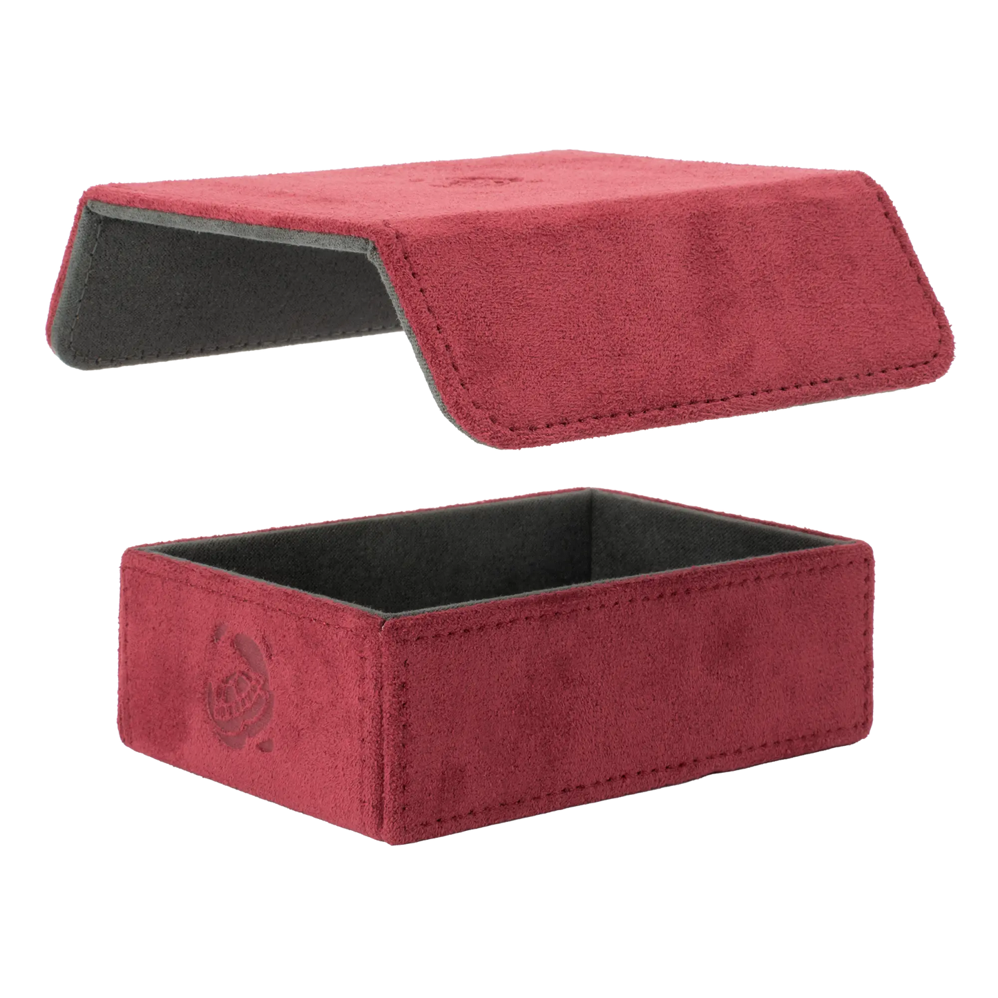 removable, magnetic cover and bottom of empty wine red soft resiplush tokencove box for dice, tokens and counters or sleeved tcg trading cards