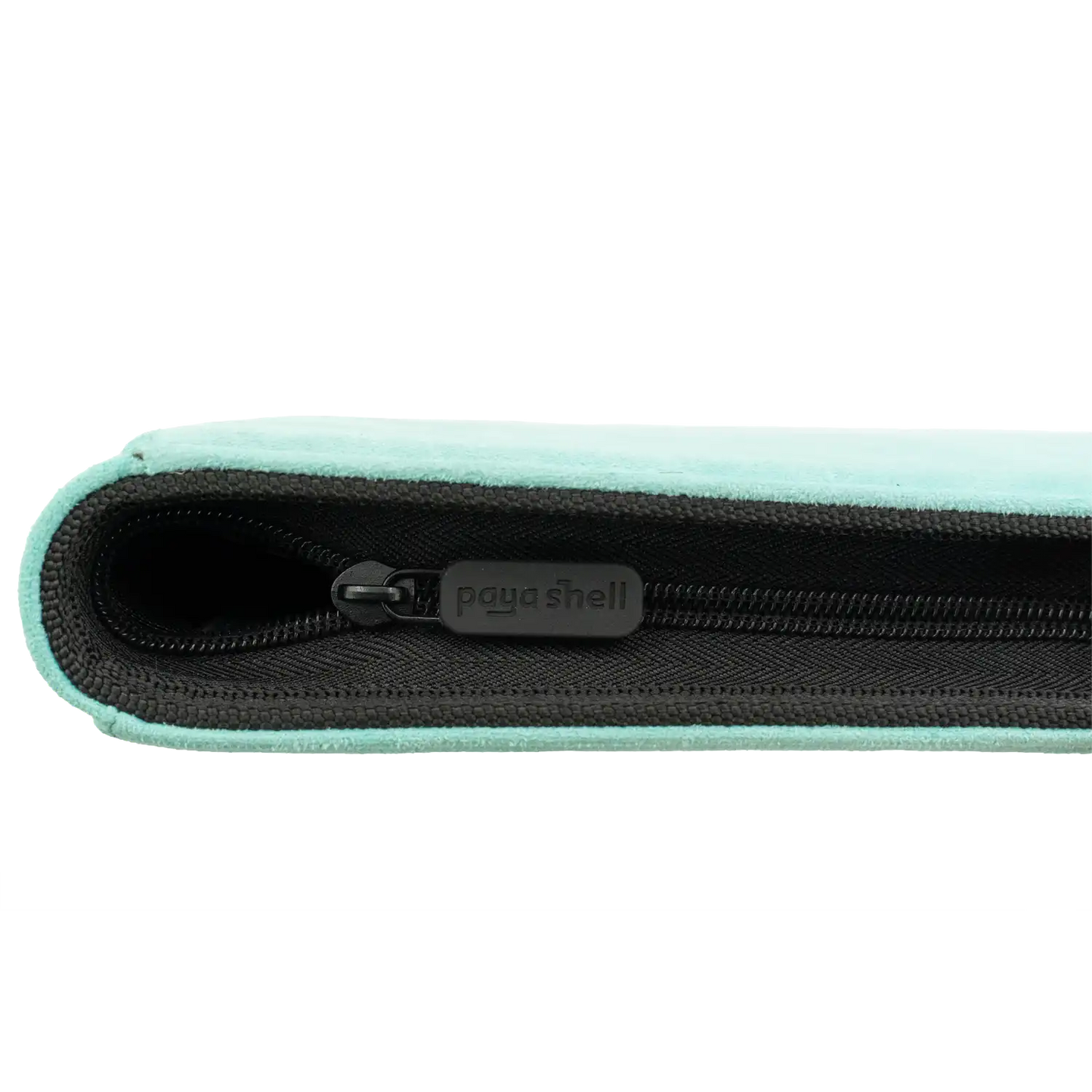 zipper view of turquoise soft resiplush zip-up album binder with sideloading pockets, 20 double-sided, black pages, 3 extra mesh pockets for toploaders, magnetic card holders and sleeves and secure zipper for standard and japanese size tcg trading cards