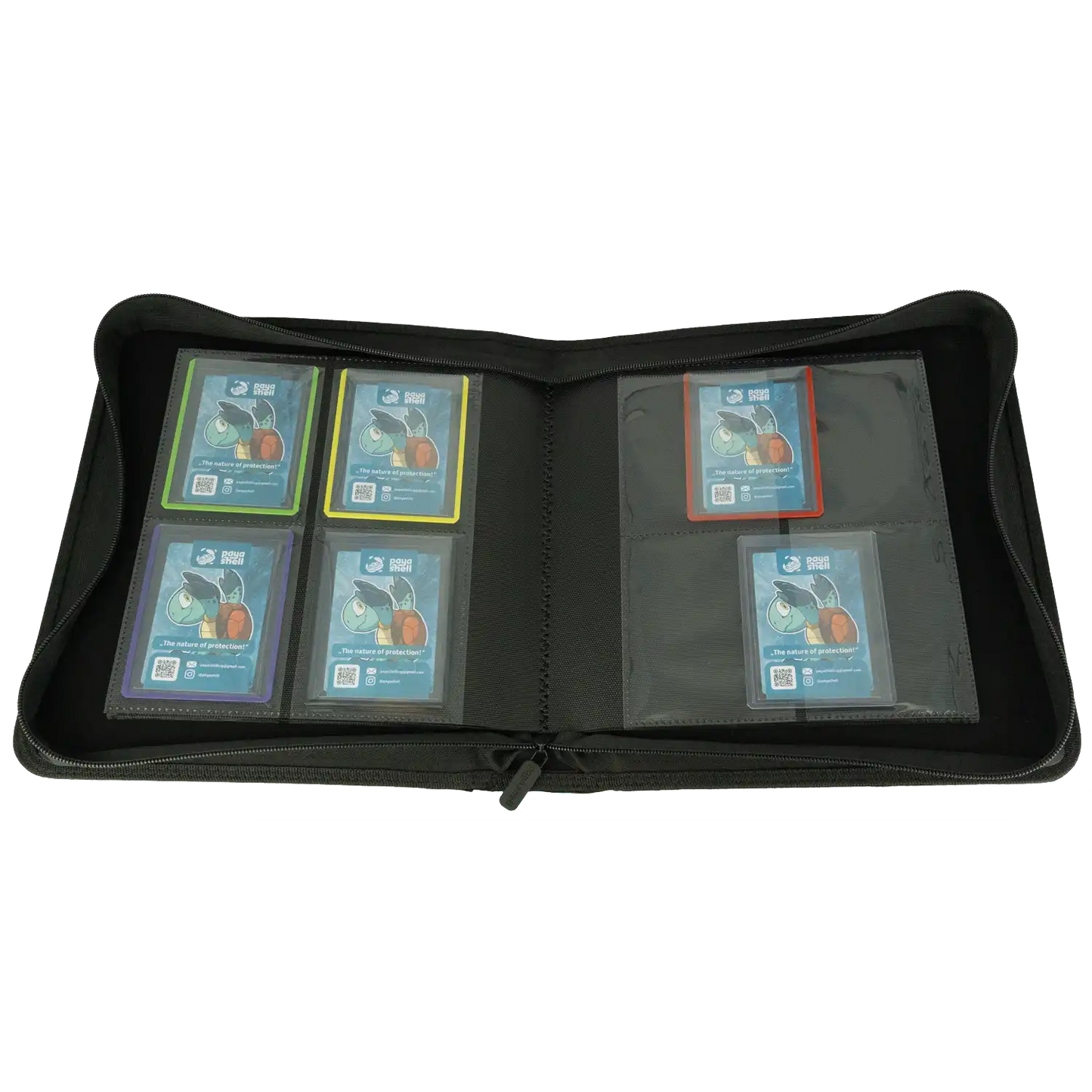 Payashell Resiplush 2x2 TCG Toploader Binder (80 pockets) with plush interior, side-loading design —shown filled for premium card protection.