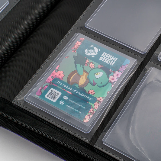 zoomed in view of 35 pt toploader in caratex card shield zip-up album binder for standard and japanese size tcg trading cards in toploader card shields with 8 sideloading pockets and 20 double-sided black pages