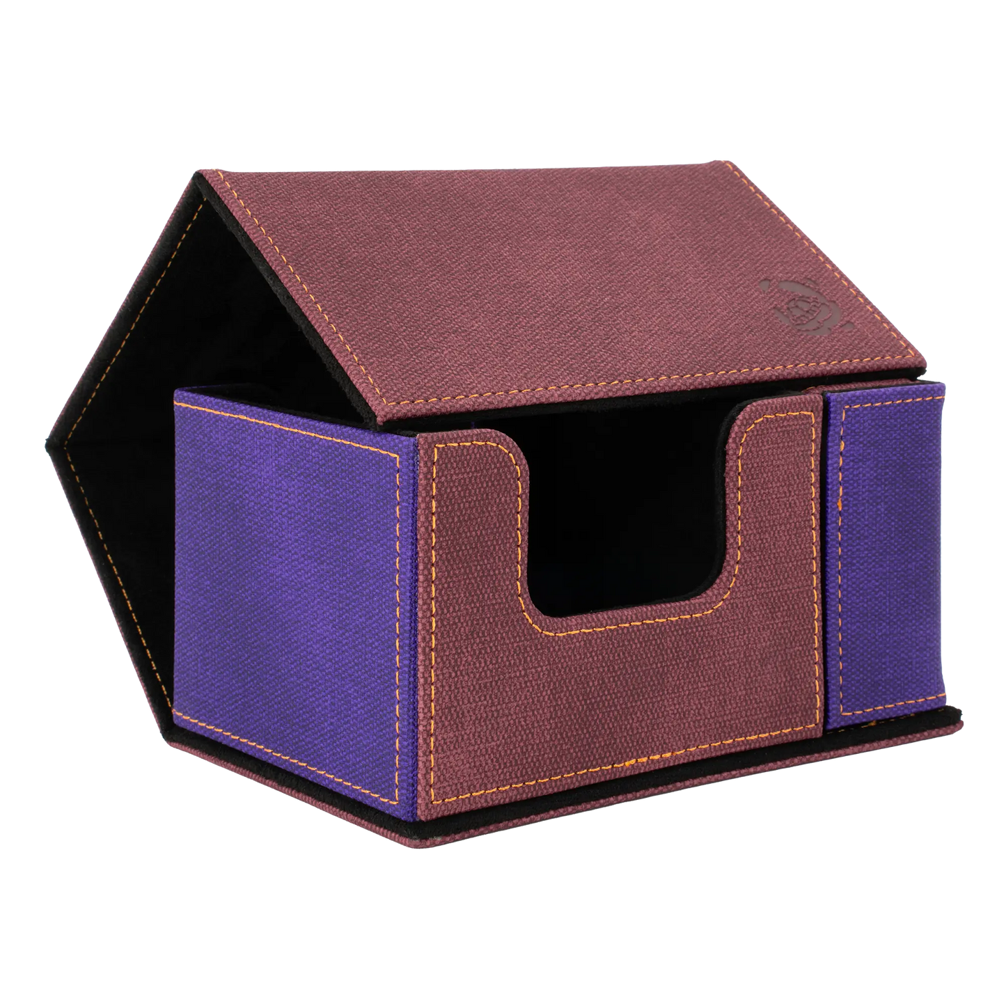 open multi-color wine red, purple and black dual material resistant denim-like caratex and soft resiplush tourneycove 120+ tournament deck box for tcg trading cards, with removable, magnetic compartment for dice, tokens and counters and extra card divider