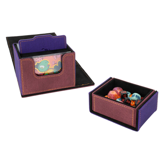 overview of multi-color wine red, purple and black dual material resistant denim-like caratex and soft resiplush tourneycove 120+ tournament deck box for tcg trading cards, with removable, magnetic compartment for dice, tokens and counters and extra card divider