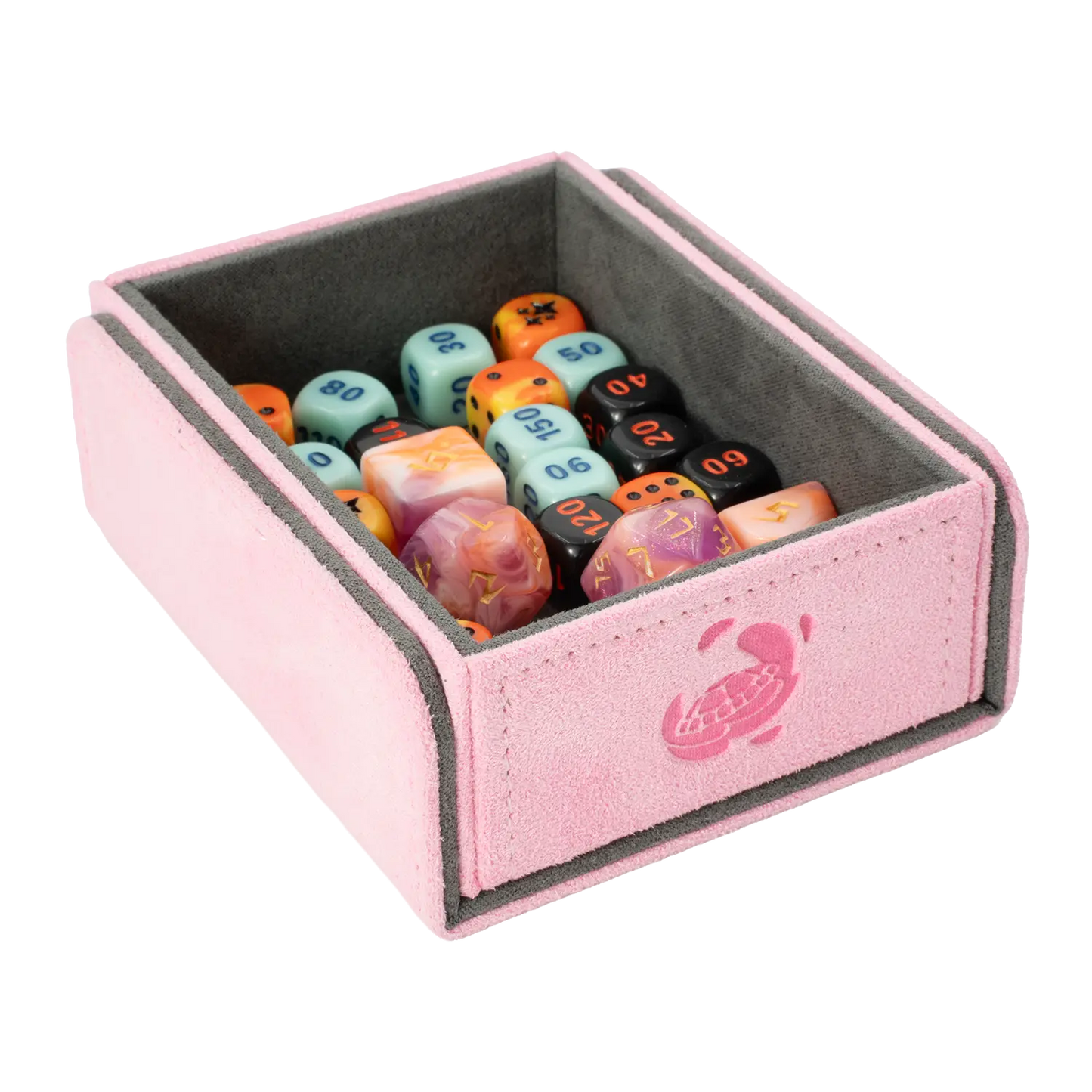 Resiplush TokenCove Pastel Pink open dice and token box filled with colorful dice for trading card and tabletop games