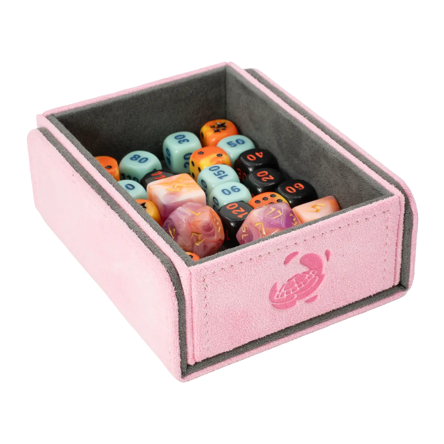 Resiplush TokenCove Pastel Pink open dice and token box filled with colorful dice for trading card and tabletop games