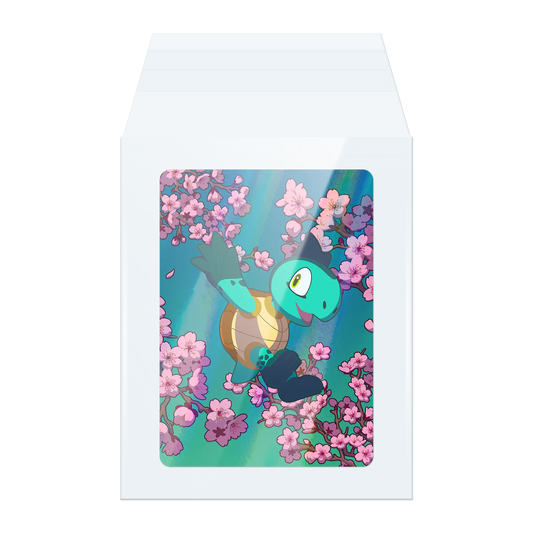 front of open clear bulk sleeve for up to 50 standard and japanese size tcg trading cards filled with single card