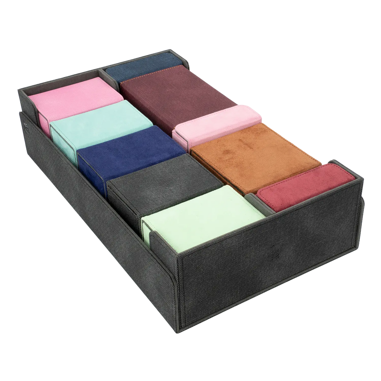 CaraTex BoxBay 1000 black Card Game storage box filled with assorted deck boxes and token boxes for trading card game decks