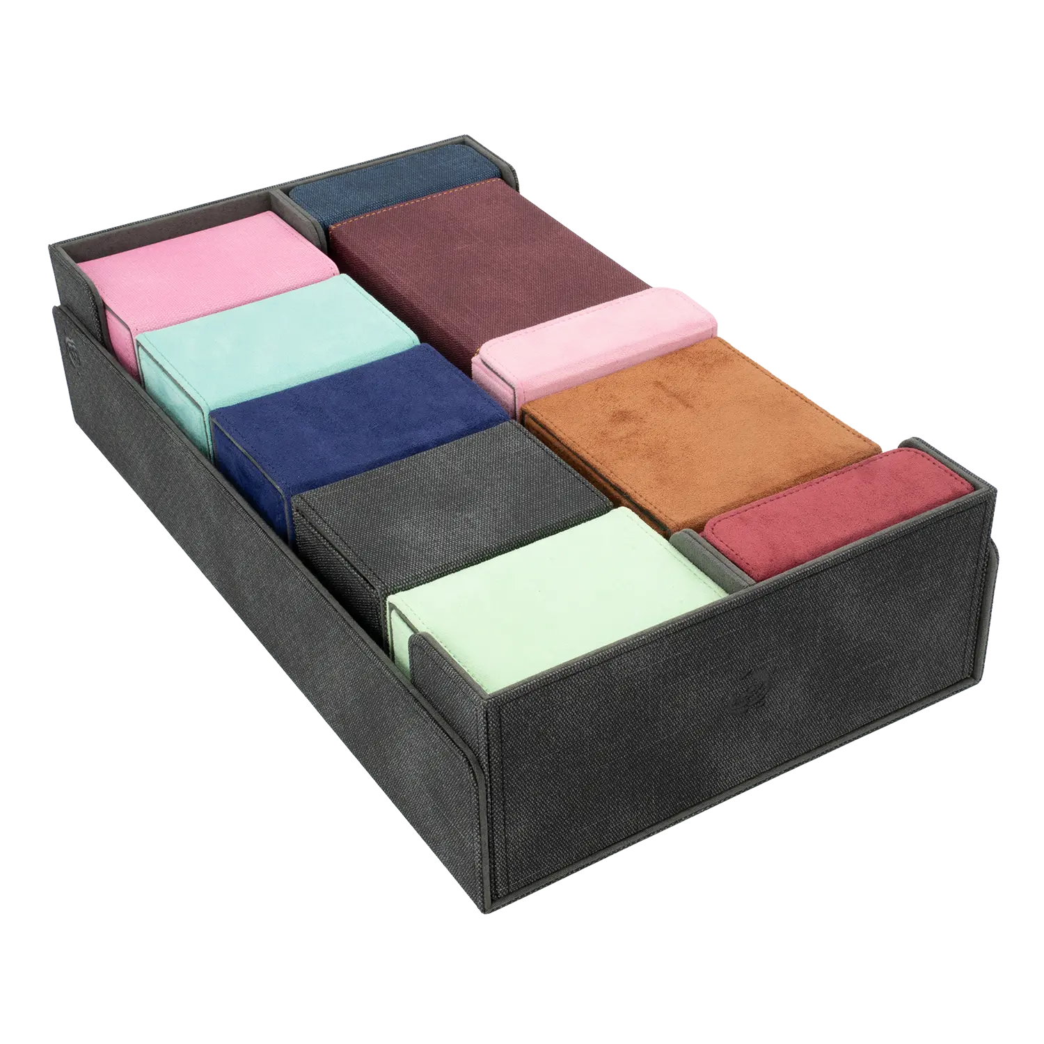 CaraTex BoxBay 1000 black Card Game storage box filled with assorted deck boxes and token boxes for trading card game decks