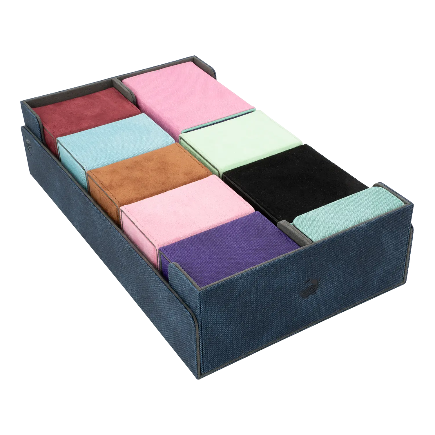 CaraTex BoxBay 1000 nightblue Card Game storage box filled with assorted deck boxes and token boxes for trading card game decks