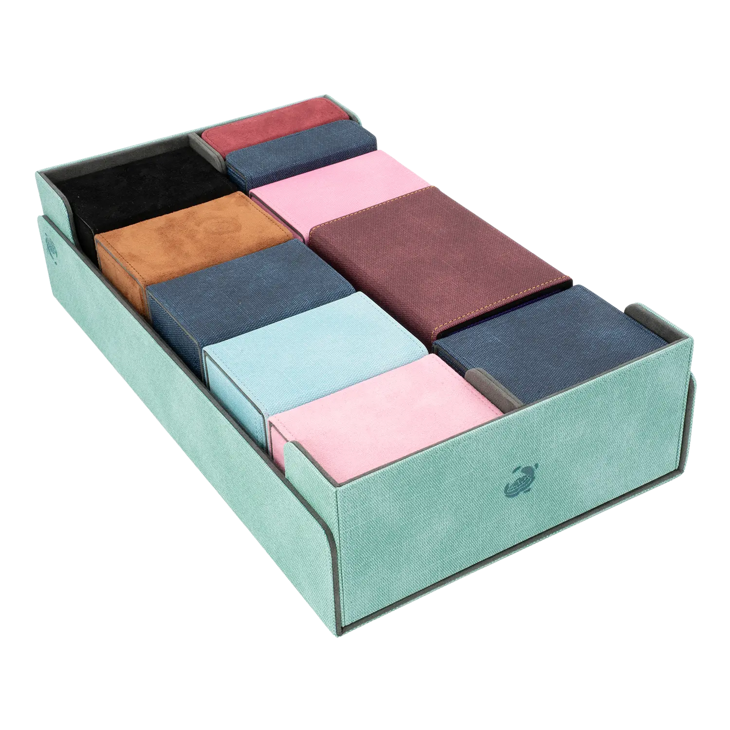 CaraTex BoxBay 1000 turquoise Card Game storage box filled with assorted deck boxes and token boxes for trading card game decks.