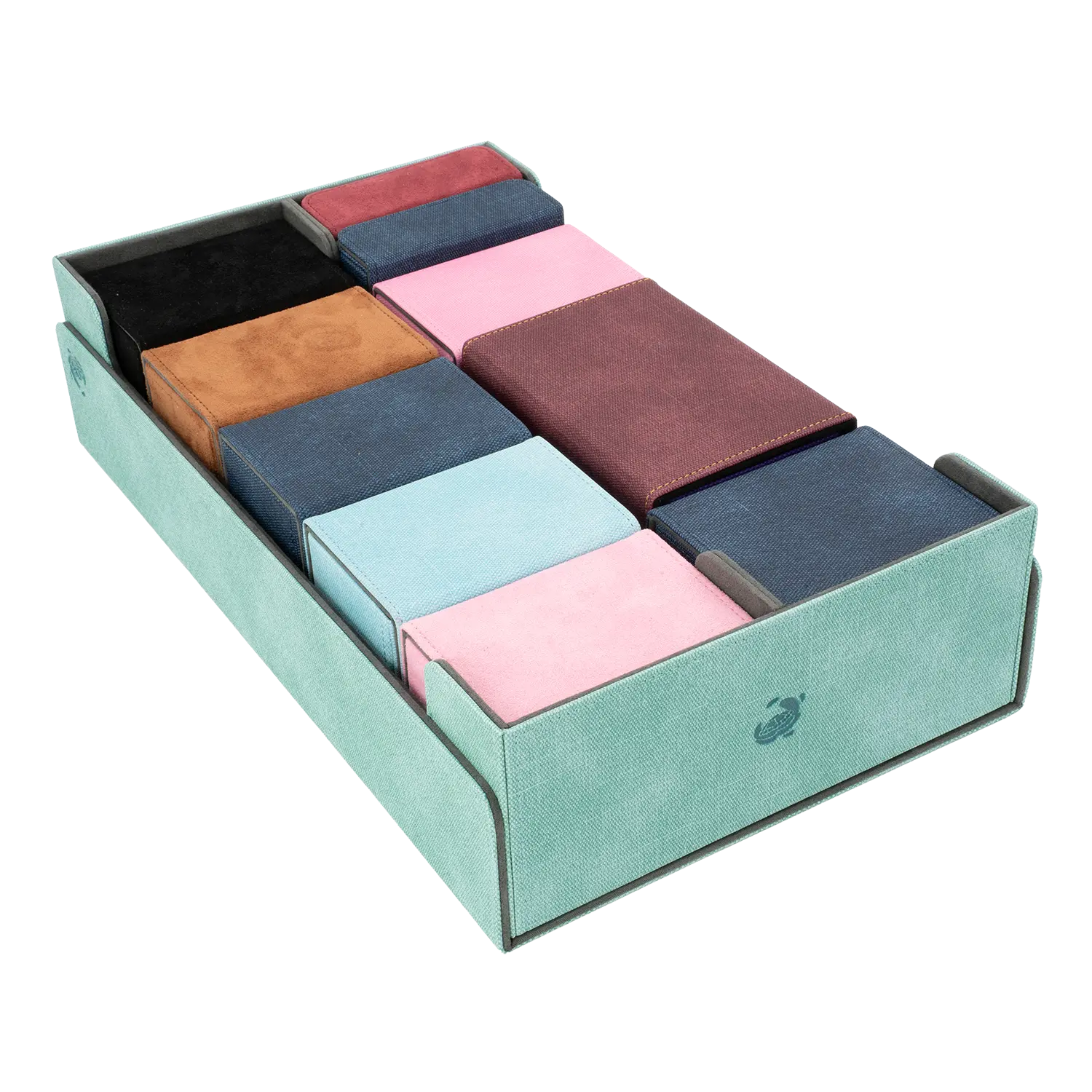 CaraTex BoxBay 1000 turquoise Card Game storage box filled with assorted deck boxes and token boxes for trading card game decks.