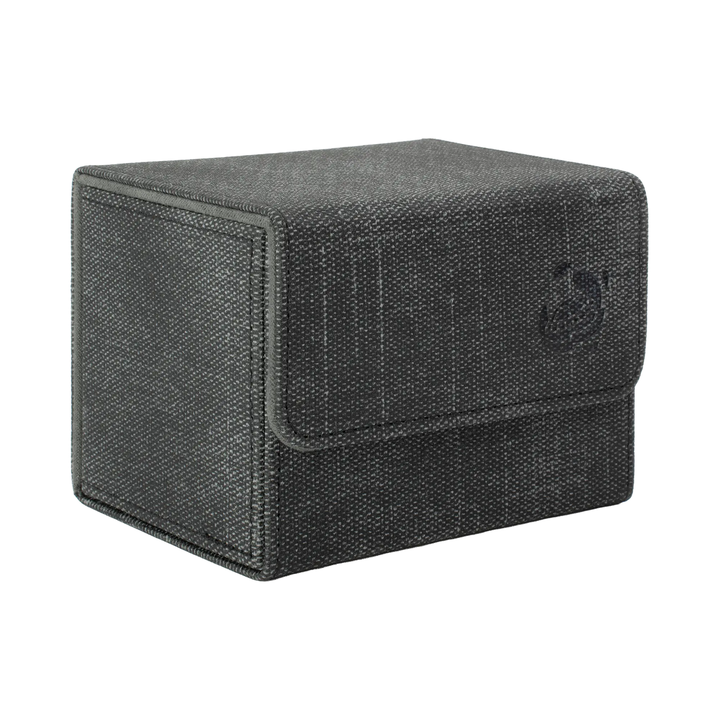 closed black resistant denim-like caratex cardcove 100+ deck box with magnetic cover and extra-wide interior for outer sleeves that fits up to 100 double-sleeved or 120 single-sleeved standard or japanese size tcg trading cards
