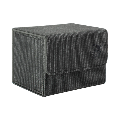 closed black resistant denim-like caratex cardcove 100+ deck box with magnetic cover and extra-wide interior for outer sleeves that fits up to 100 double-sleeved or 120 single-sleeved standard or japanese size tcg trading cards