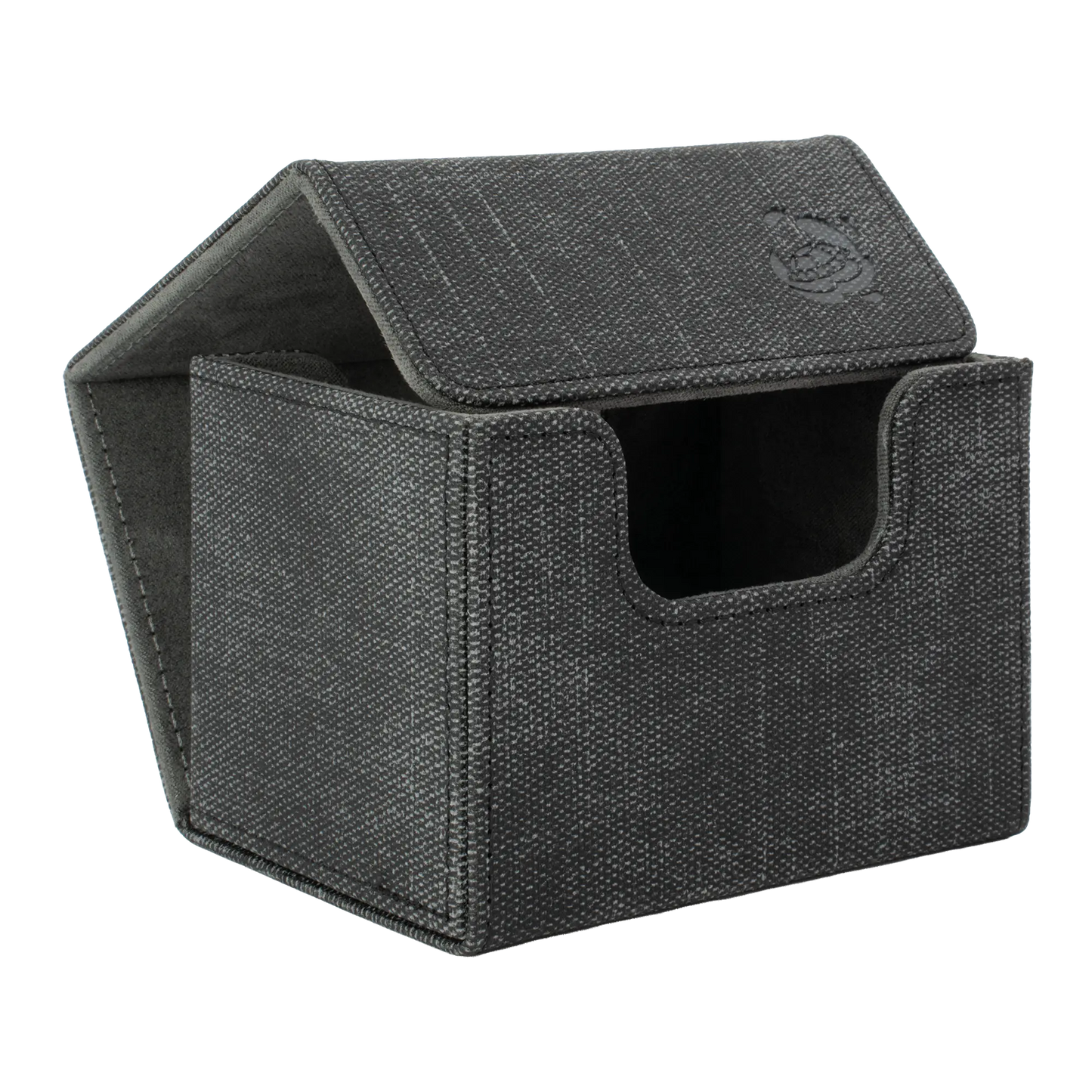 open black resistant denim-like caratex cardcove 100+ deck box with magnetic cover and extra-wide interior for outer sleeves that fits up to 100 double-sleeved or 120 single-sleeved standard or japanese size tcg trading cards