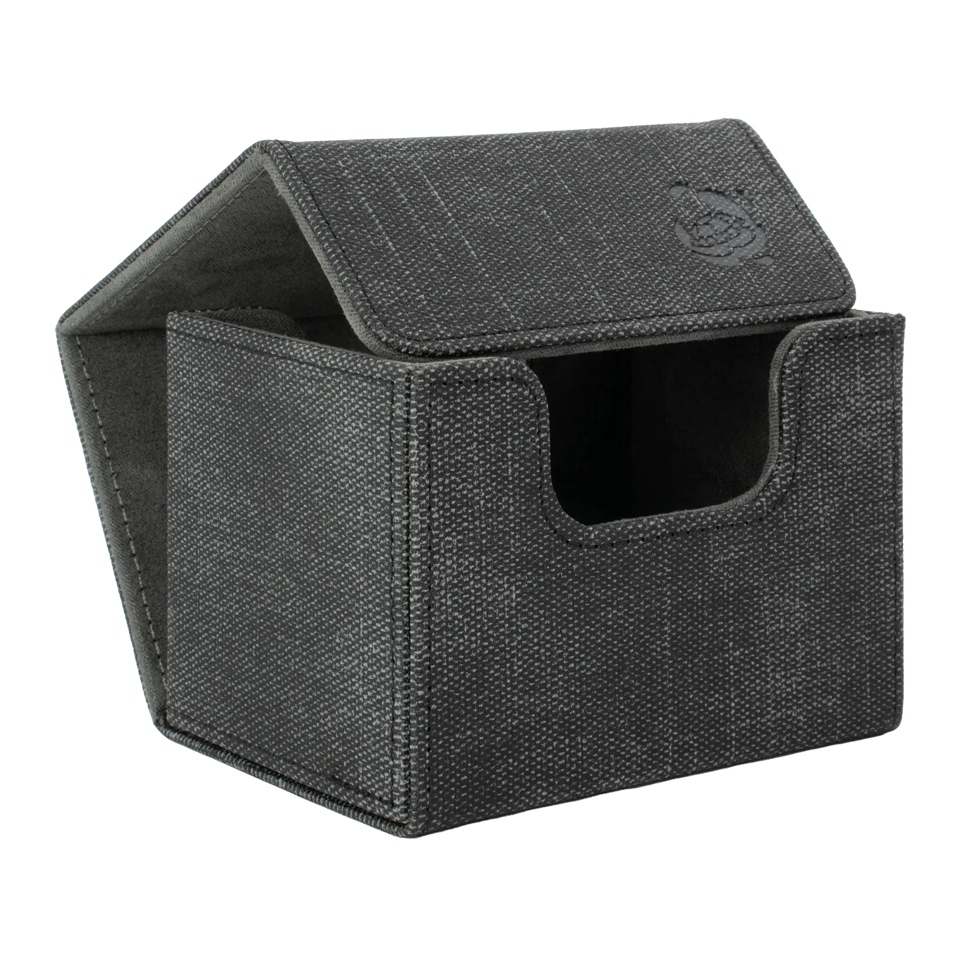 open black resistant denim-like caratex cardcove 100+ deck box with magnetic cover and extra-wide interior for outer sleeves that fits up to 100 double-sleeved or 120 single-sleeved standard or japanese size tcg trading cards