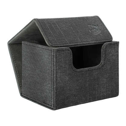 open black resistant denim-like caratex cardcove 100+ deck box with magnetic cover and extra-wide interior for outer sleeves that fits up to 100 double-sleeved or 120 single-sleeved standard or japanese size tcg trading cards