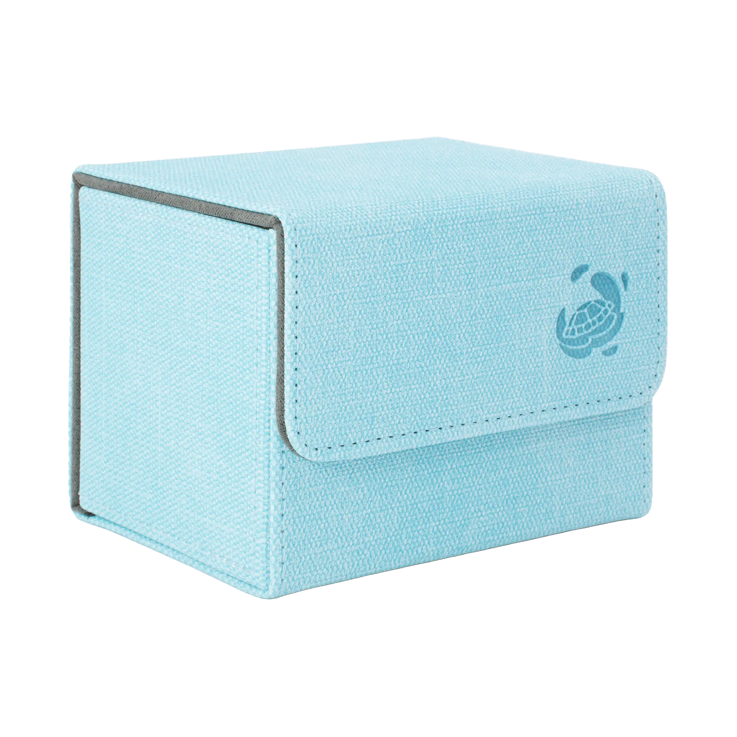 closed light blue resistant denim-like cardcove 100+ deck box with magnetic cover and extra-wide interior for outer sleeves that fits up to 100 double-sleeved or 120 single-sleeved standard or japanese size tcg trading cards