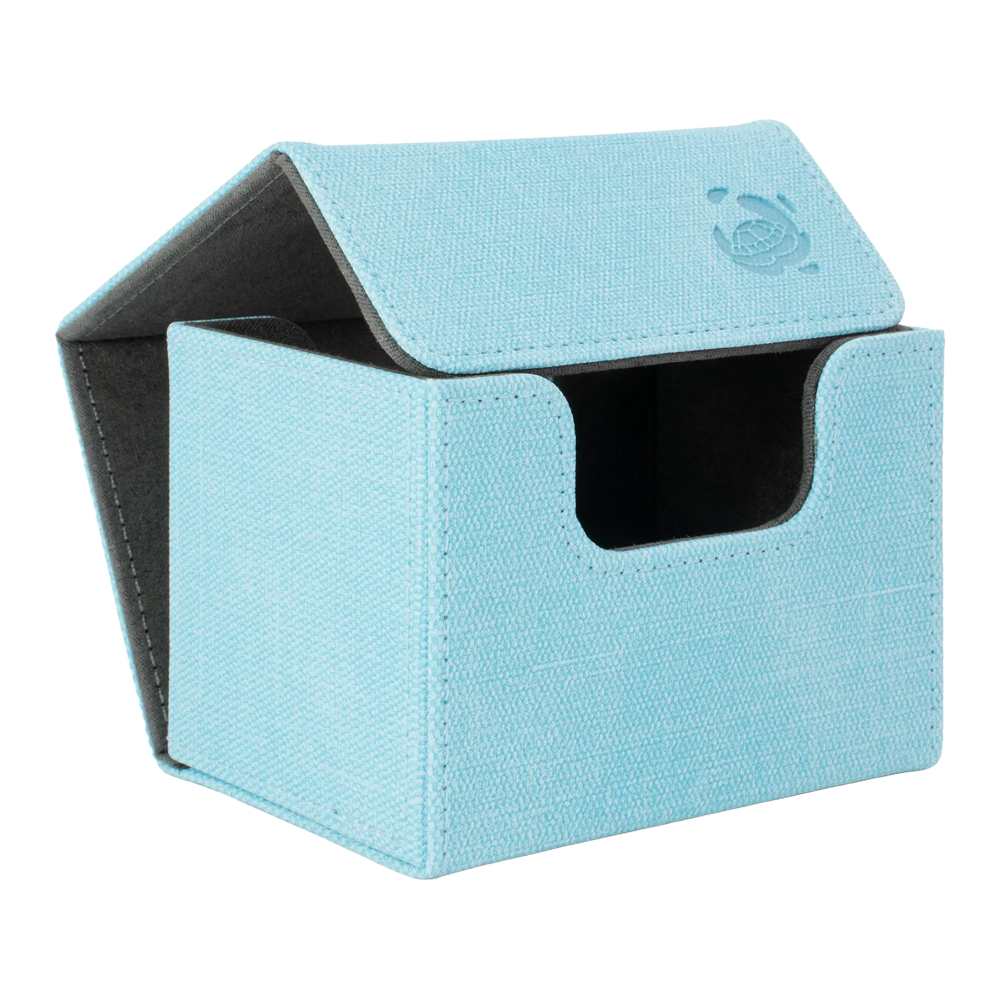 open light blue resistant denim-like caratex cardcove 100+ deck box with magnetic cover and extra-wide interior for outer sleeves that fits up to 100 double-sleeved or 120 single-sleeved standard or japanese size tcg trading cards