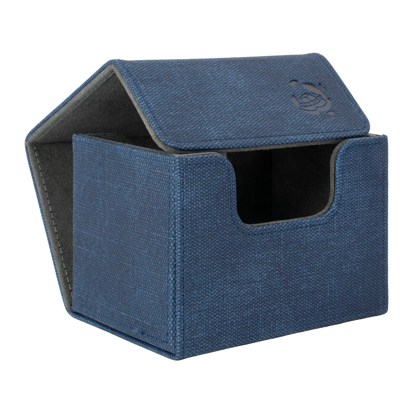 open night blue resistant denim-like caratex cardcove 100+ deck box with magnetic cover and extra-wide interior for outer sleeves that fits up to 100 double-sleeved or 120 single-sleeved standard or japanese size tcg trading cards