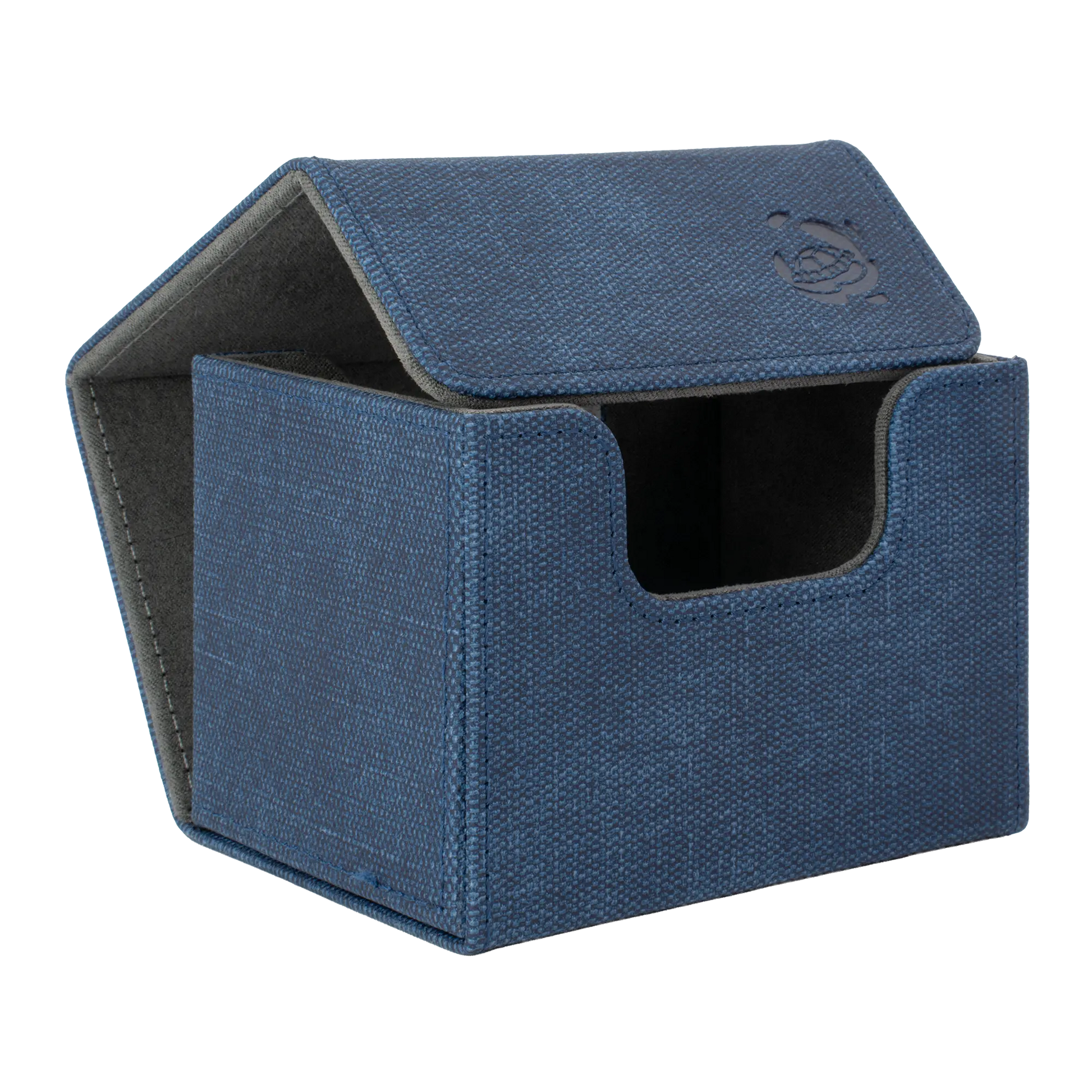 open night blue resistant denim-like caratex cardcove 100+ deck box with magnetic cover and extra-wide interior for outer sleeves that fits up to 100 double-sleeved or 120 single-sleeved standard or japanese size tcg trading cards