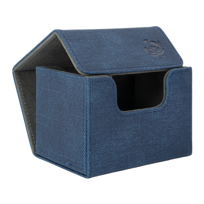 open night blue resistant denim-like caratex cardcove 100+ deck box with magnetic cover and extra-wide interior for outer sleeves that fits up to 100 double-sleeved or 120 single-sleeved standard or japanese size tcg trading cards