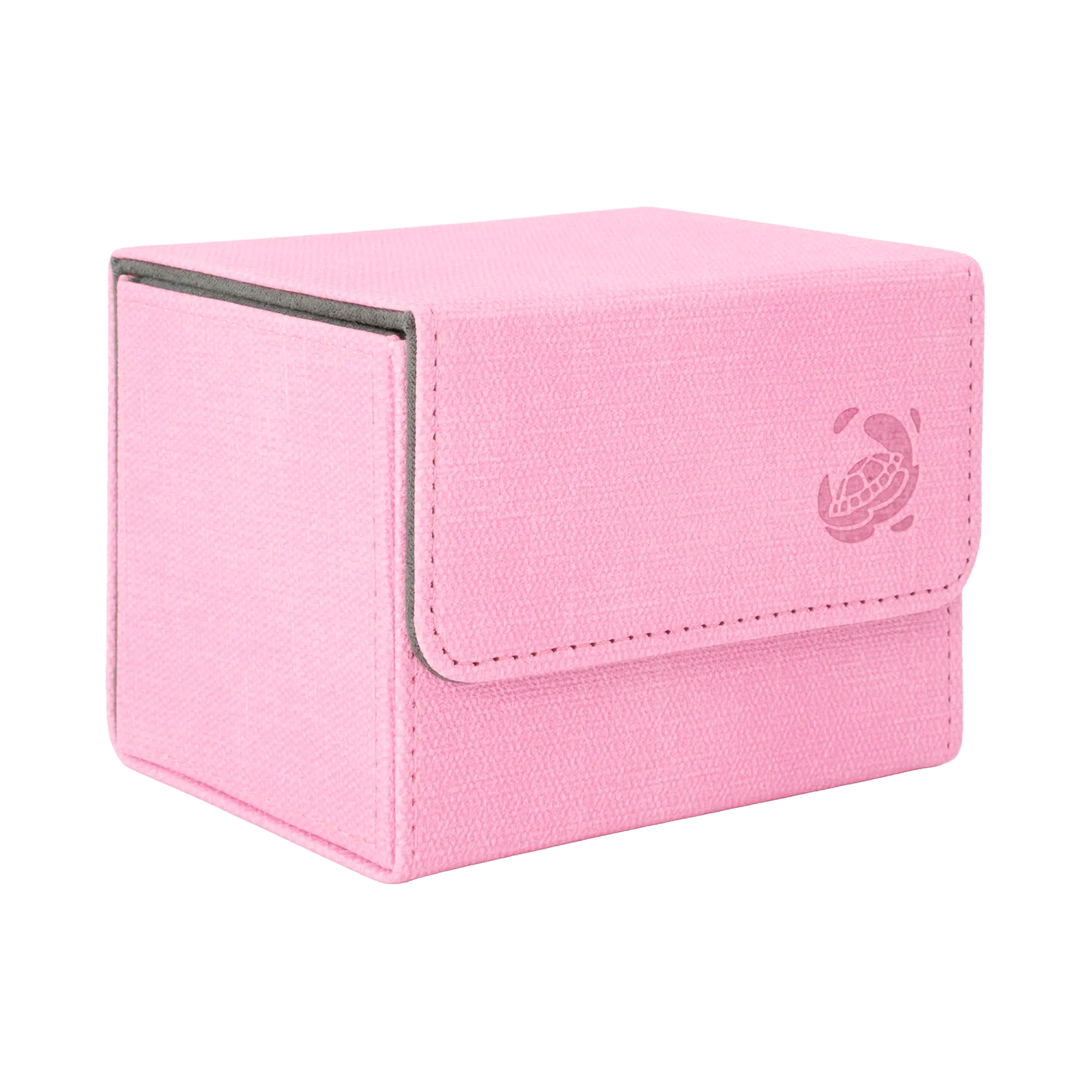 closed pastel pink resistant denim-like caratex cardcove 100+ deck box with magnetic cover and extra-wide interior for outer sleeves that fits up to 100 double-sleeved or 120 single-sleeved standard or japanese size tcg trading cards