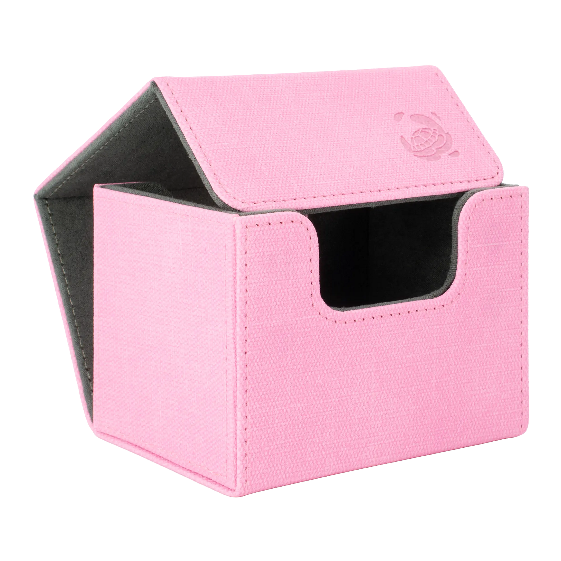 open pastel pink resistant denim-like caratex cardcove 100+ deck box with magnetic cover and extra-wide interior for outer sleeves that fits up to 100 double-sleeved or 120 single-sleeved standard or japanese size tcg trading cards