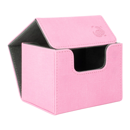 open pastel pink resistant denim-like caratex cardcove 100+ deck box with magnetic cover and extra-wide interior for outer sleeves that fits up to 100 double-sleeved or 120 single-sleeved standard or japanese size tcg trading cards