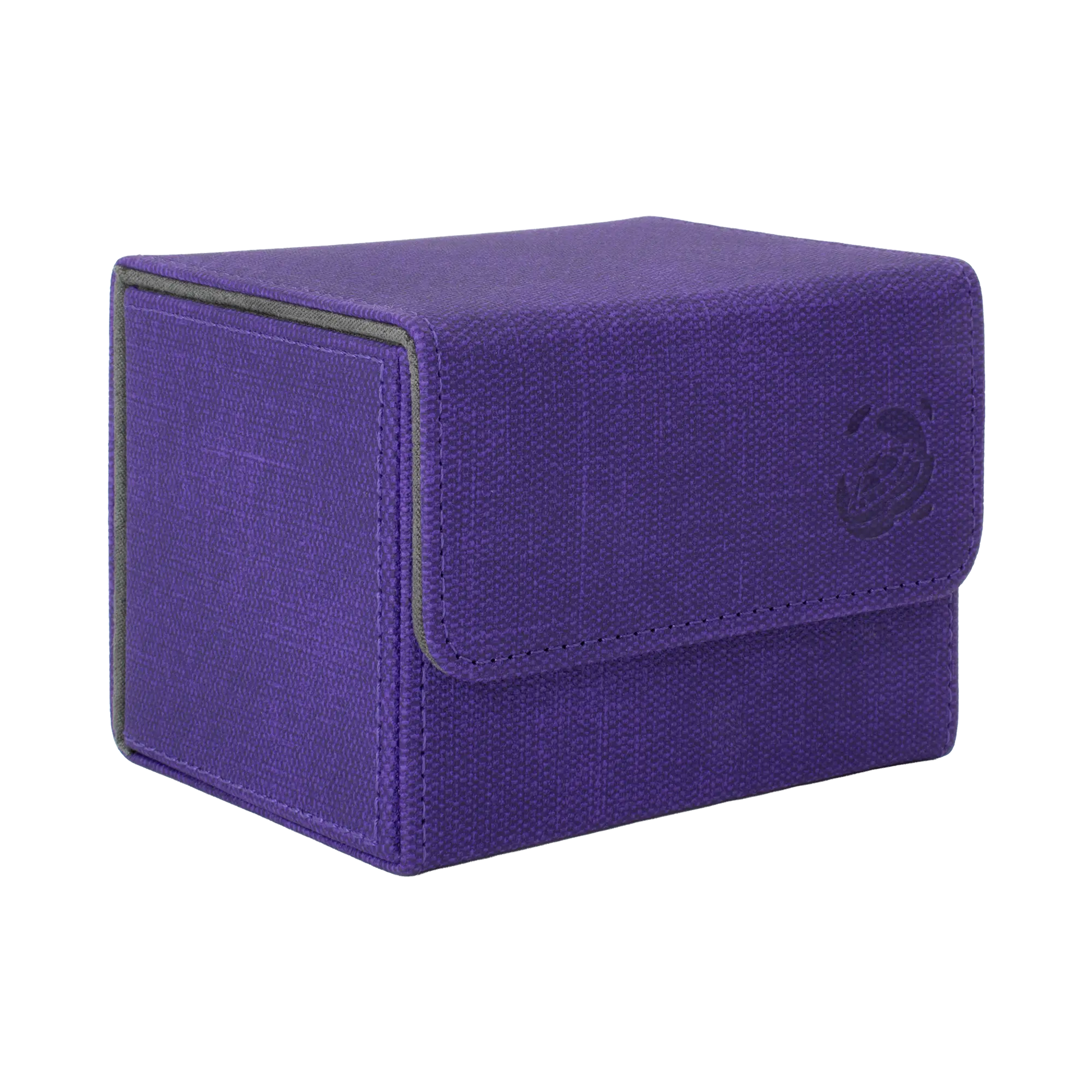 closed purple resistant denim-like caratex cardcove 100+ deck box with magnetic cover and extra-wide interior for outer sleeves that fits up to 100 double-sleeved or 120 single-sleeved standard or japanese size tcg trading cards