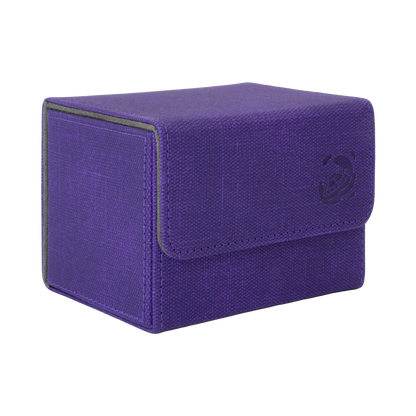 closed purple resistant denim-like caratex cardcove 100+ deck box with magnetic cover and extra-wide interior for outer sleeves that fits up to 100 double-sleeved or 120 single-sleeved standard or japanese size tcg trading cards