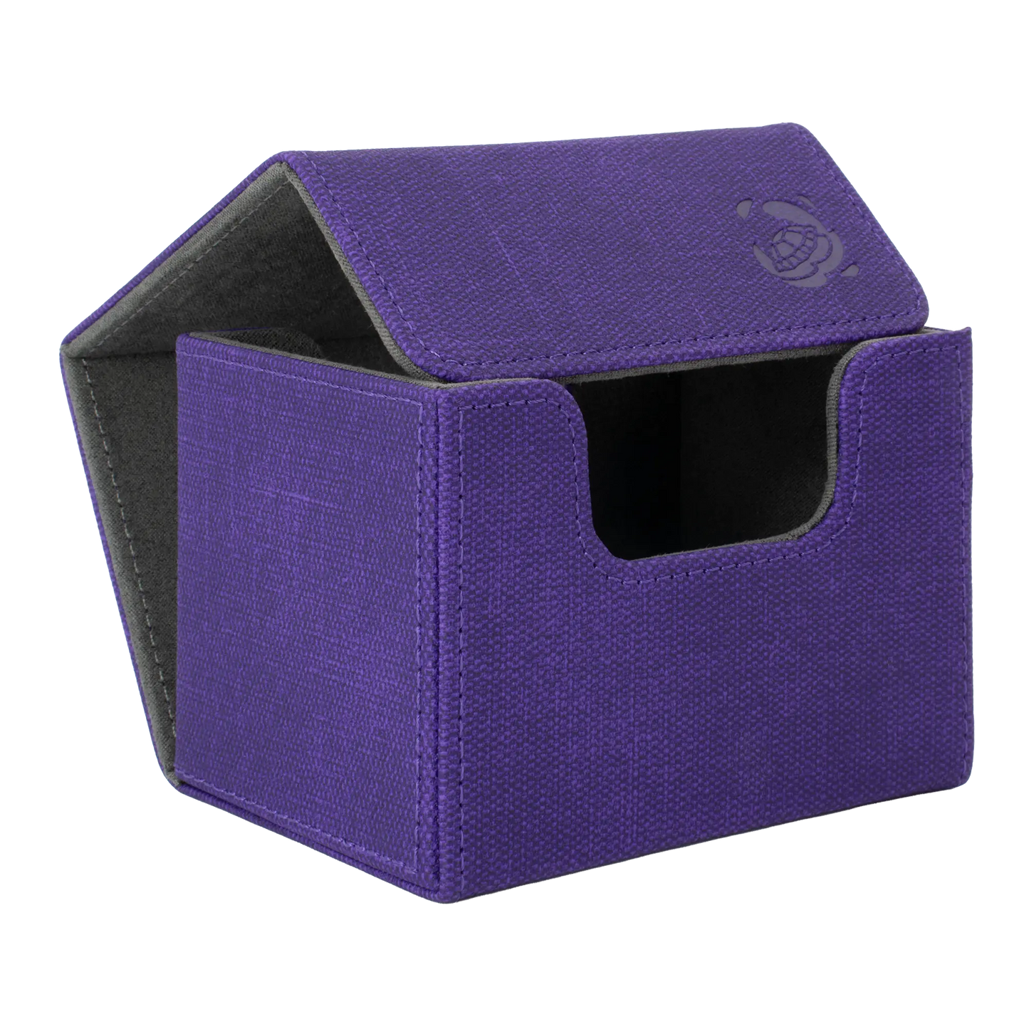 open purple resistant denim-like caratex cardcove 100+ deck box with magnetic cover and extra-wide interior for outer sleeves that fits up to 100 double-sleeved or 120 single-sleeved standard or japanese size tcg trading cards