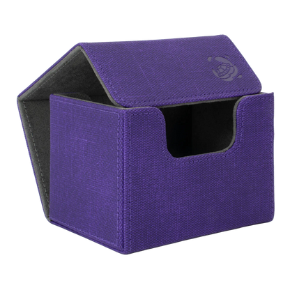 open purple resistant denim-like caratex cardcove 100+ deck box with magnetic cover and extra-wide interior for outer sleeves that fits up to 100 double-sleeved or 120 single-sleeved standard or japanese size tcg trading cards