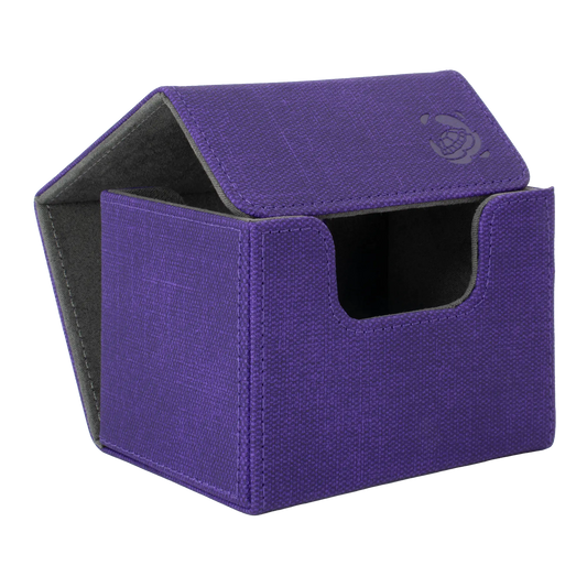 open purple resistant denim-like caratex cardcove 100+ deck box with magnetic cover and extra-wide interior for outer sleeves that fits up to 100 double-sleeved or 120 single-sleeved standard or japanese size tcg trading cards