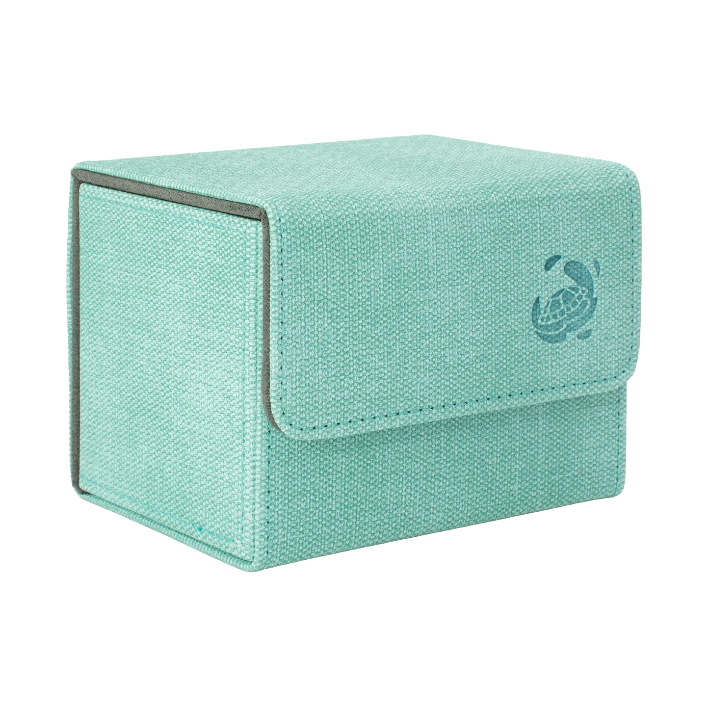 closed turquoise resistant denim-like caratex cardcove 100+ deck box with magnetic cover and extra-wide interior for outer sleeves that fits up to 100 double-sleeved or 120 single-sleeved standard or japanese size tcg trading cards