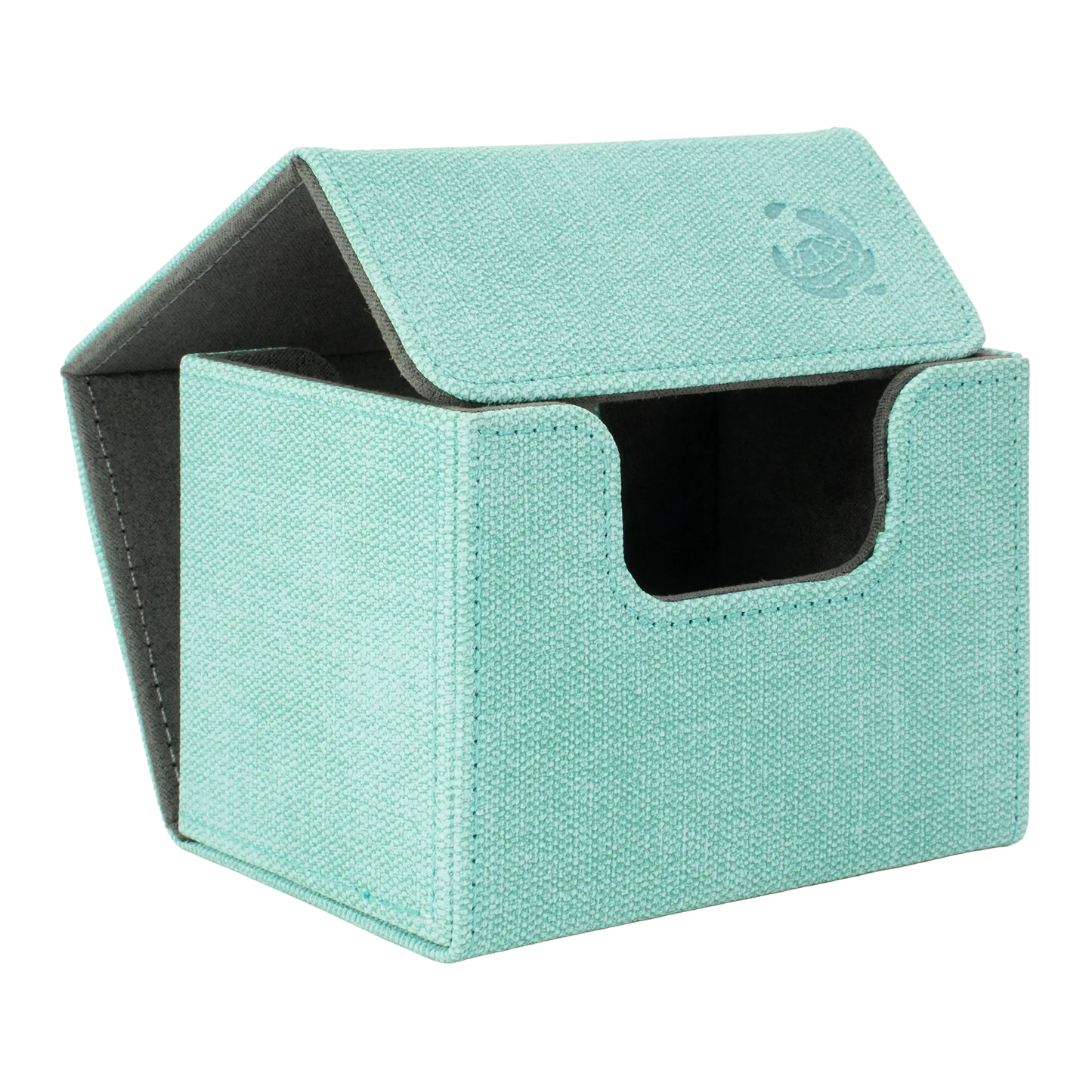open turquoise resistant denim-like caratex cardcove 100+ deck box with magnetic cover and extra-wide interior for outer sleeves that fits up to 100 double-sleeved or 120 single-sleeved standard or japanese size tcg trading cards