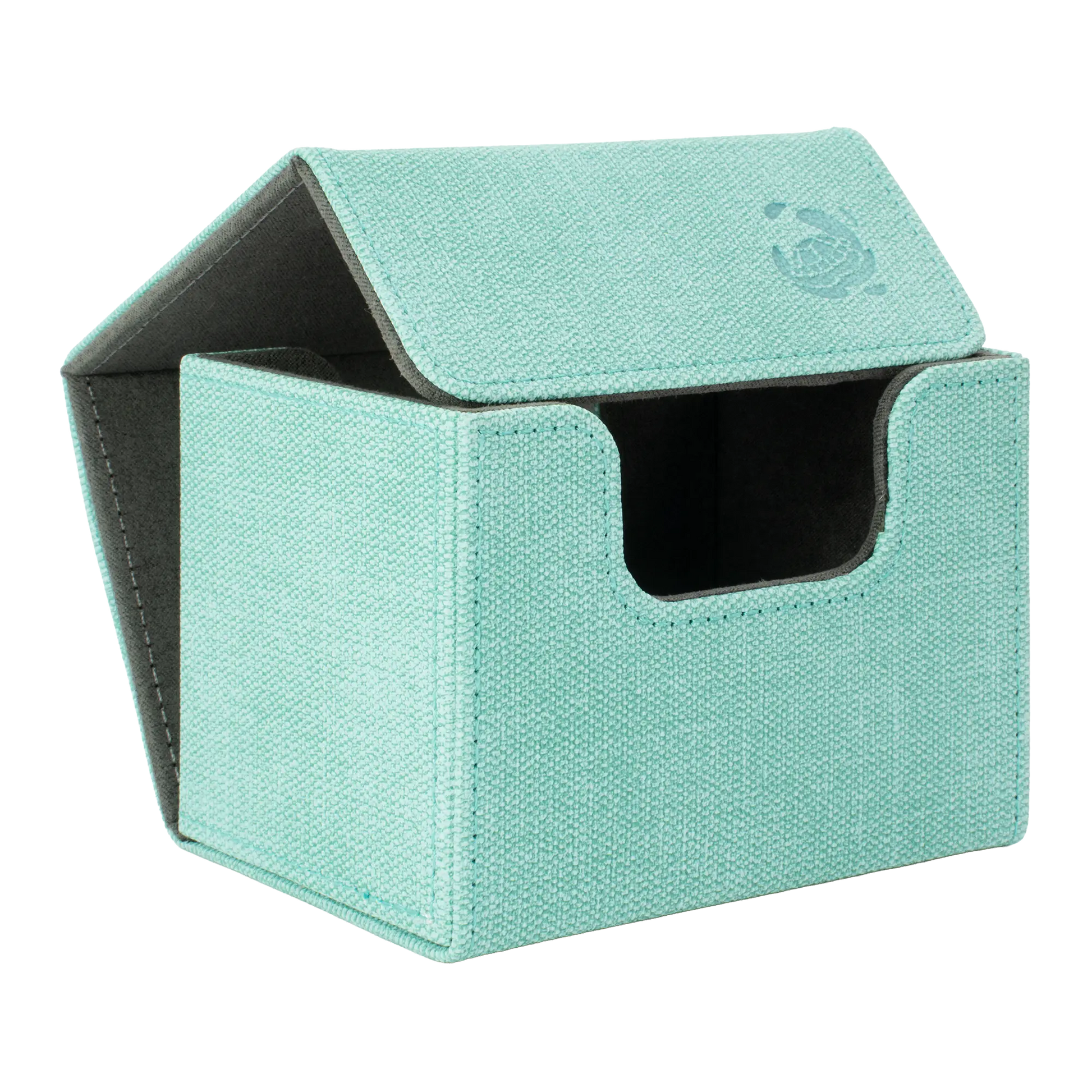 open turquoise resistant denim-like caratex cardcove 100+ deck box with magnetic cover and extra-wide interior for outer sleeves that fits up to 100 double-sleeved or 120 single-sleeved standard or japanese size tcg trading cards