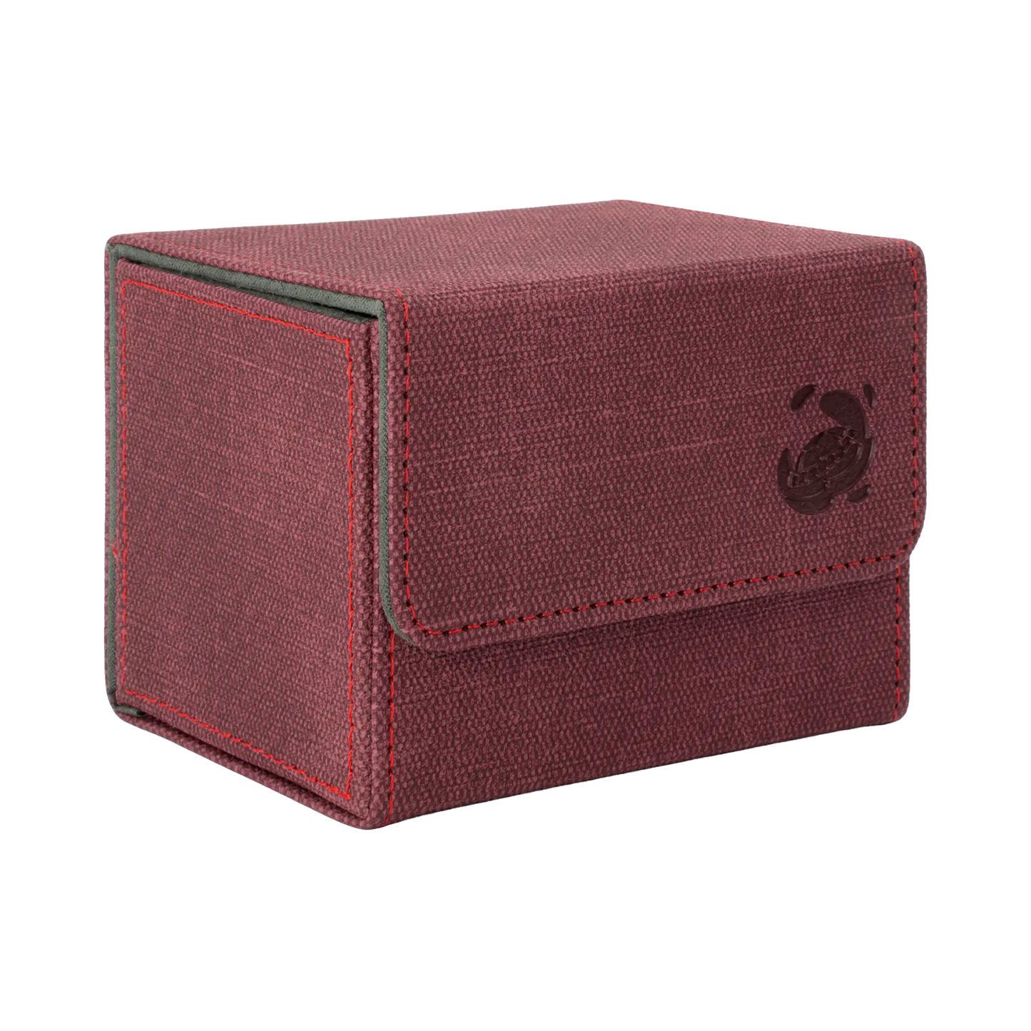 closed wine red resistant denim-like caratex cardcove 100+ deck box with magnetic cover and extra-wide interior for outer sleeves that fits up to 100 double-sleeved or 120 single-sleeved standard or japanese size tcg trading cards